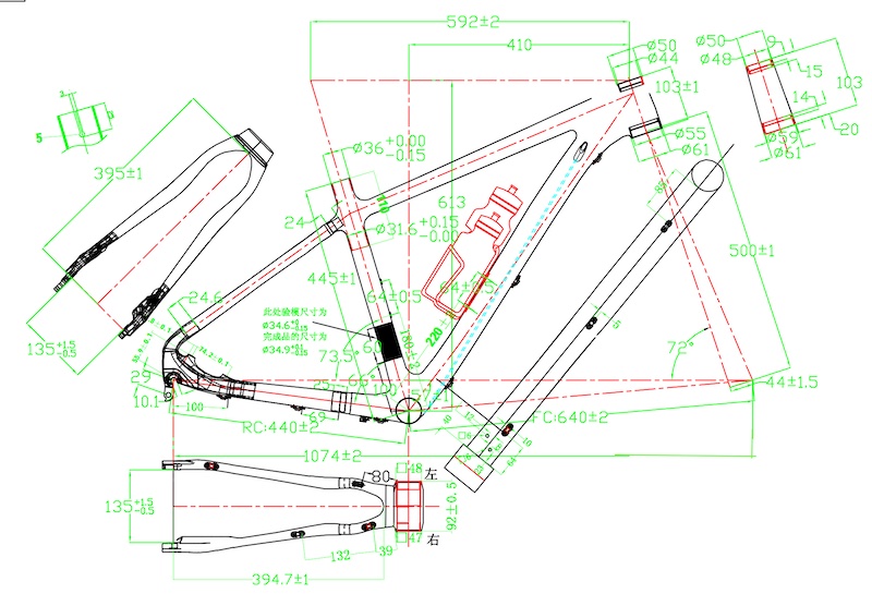 Dibujo 2D para cuadros de bicicleta de montaña.