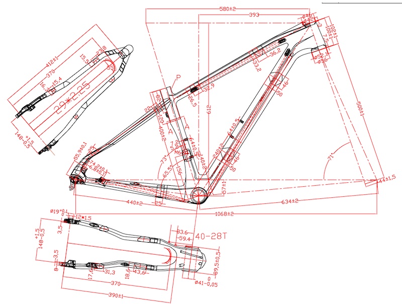 Cuadros de bicicleta de carbono MTB dibujo 2d