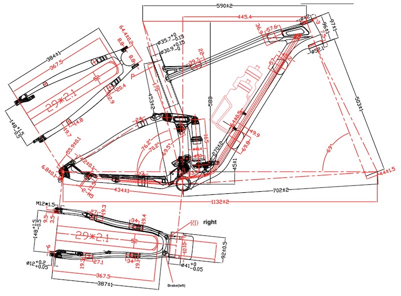 Dibujo de cuadro de bicicleta de suspensión total.